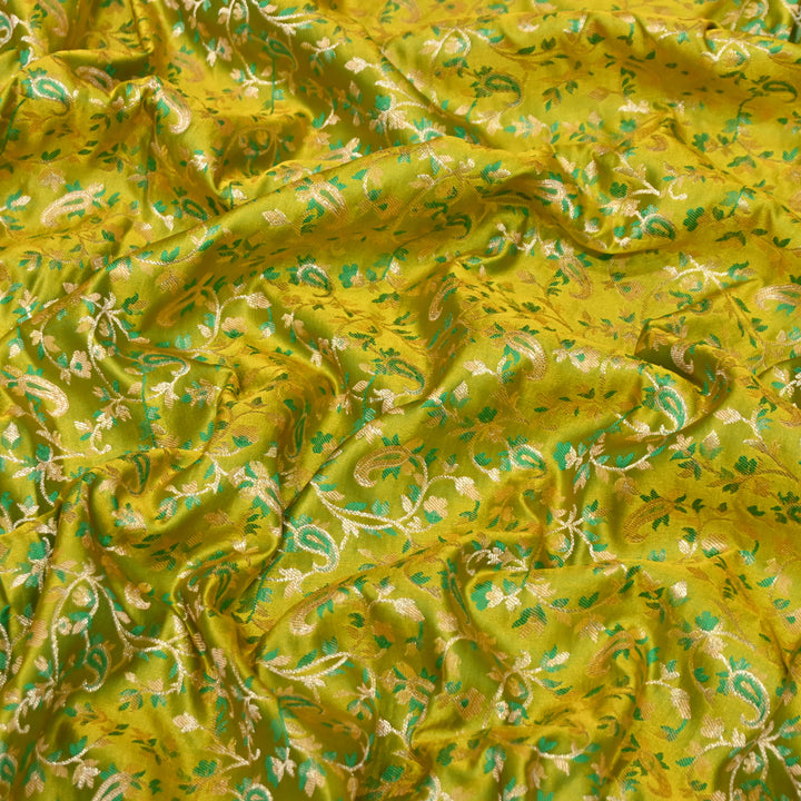 Yellow-Green Satin Jamdani Brocade Fabric