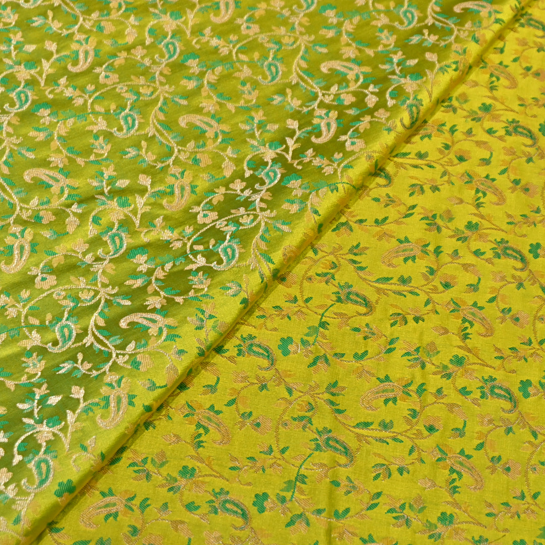 Yellow-Green Satin Jamdani Brocade Fabric