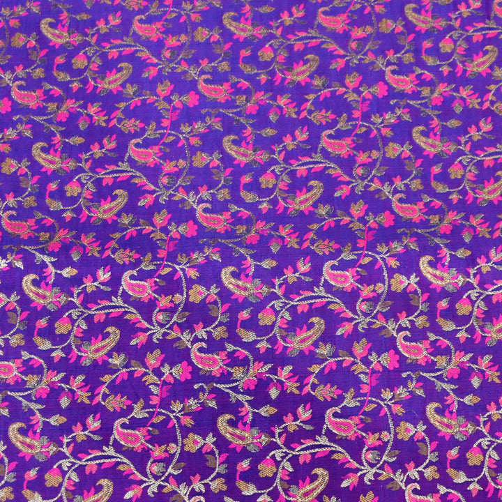 Royal Purple with Pink & Gold Work Satin Jamdani Brocade Fabric