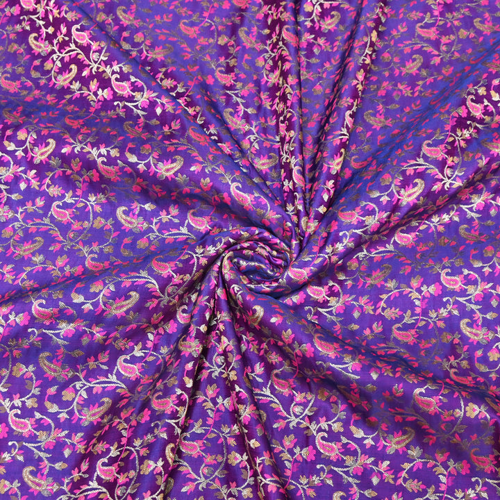 Royal Purple with Pink & Gold Work Satin Jamdani Brocade Fabric