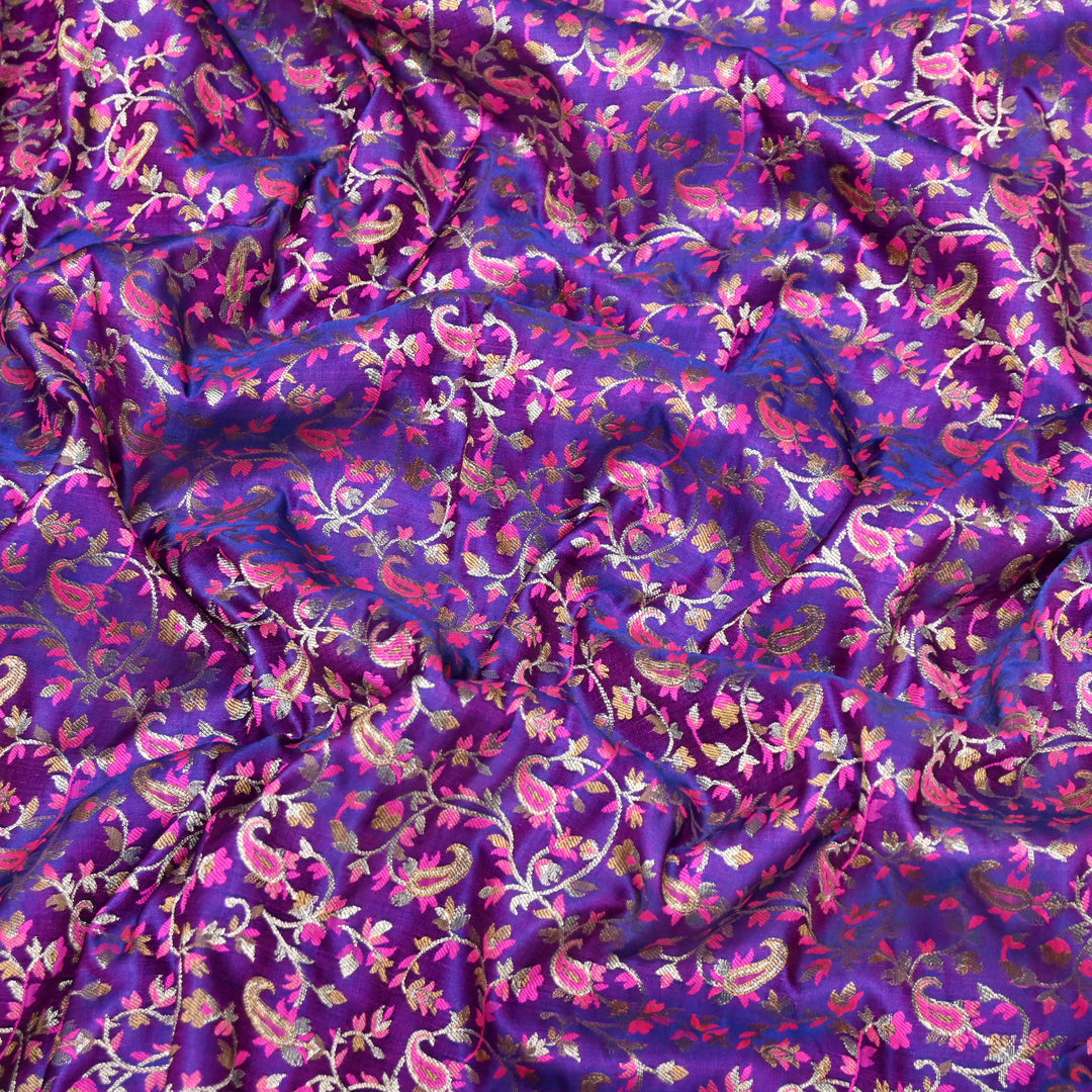 Royal Purple with Pink & Gold Work Satin Jamdani Brocade Fabric