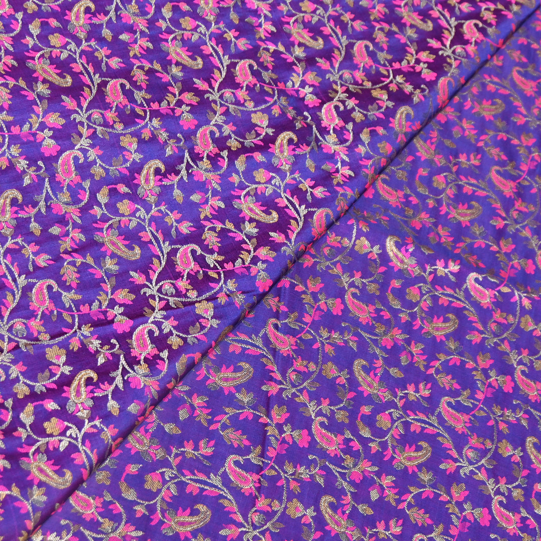 Royal Purple with Pink & Gold Work Satin Jamdani Brocade Fabric