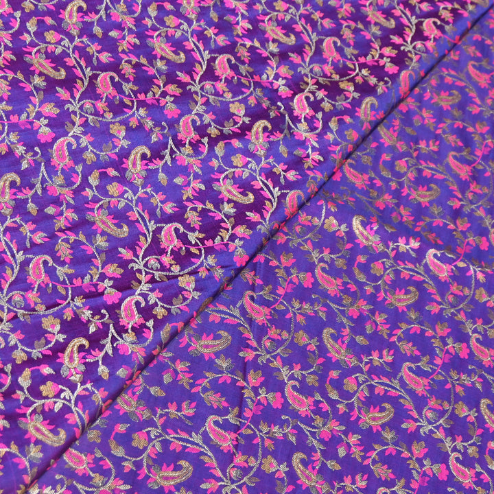 Royal Purple with Pink & Gold Work Satin Jamdani Brocade Fabric