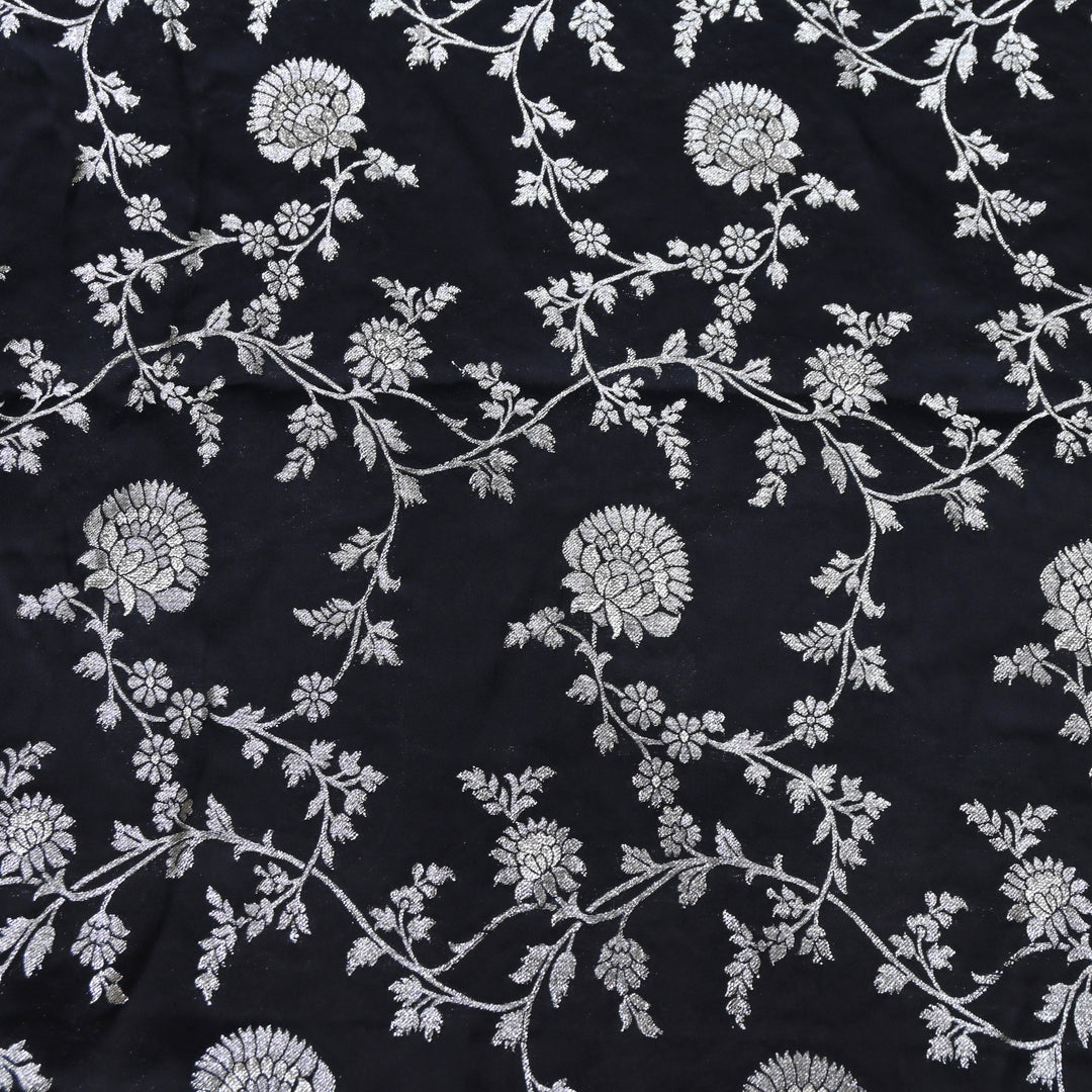Black Satin Georgette Brocade with Zari Jacquard Jaal Fabric