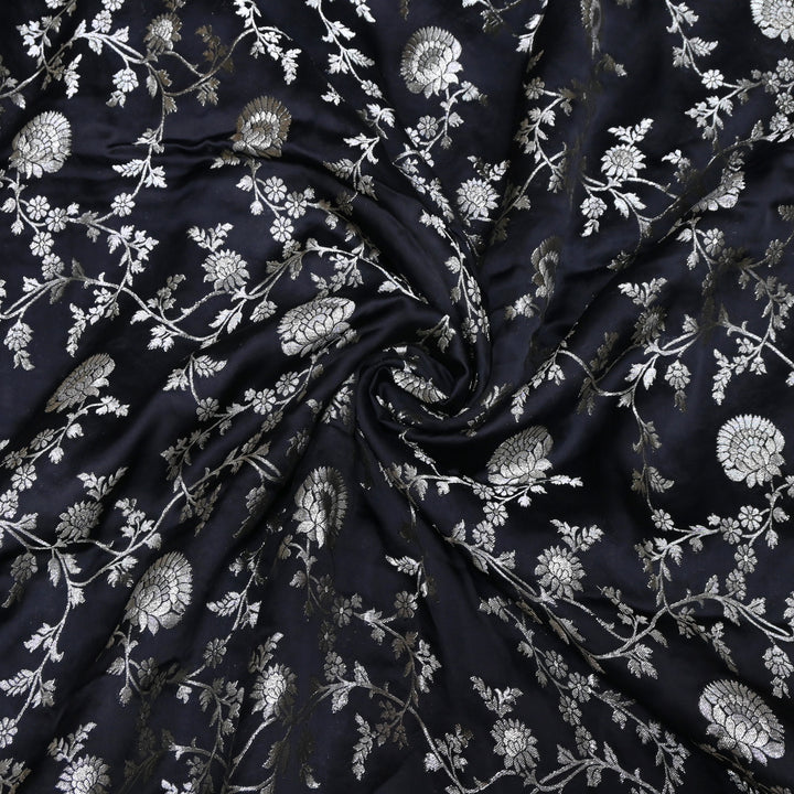 Black Satin Georgette Brocade with Zari Jacquard Jaal Fabric