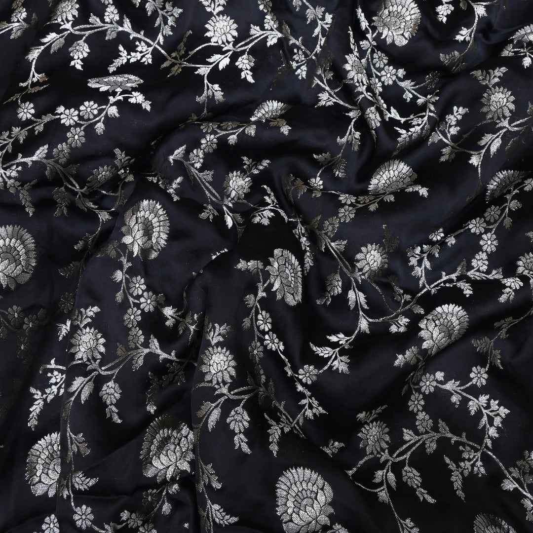 Black Satin Georgette Brocade with Zari Jacquard Jaal Fabric