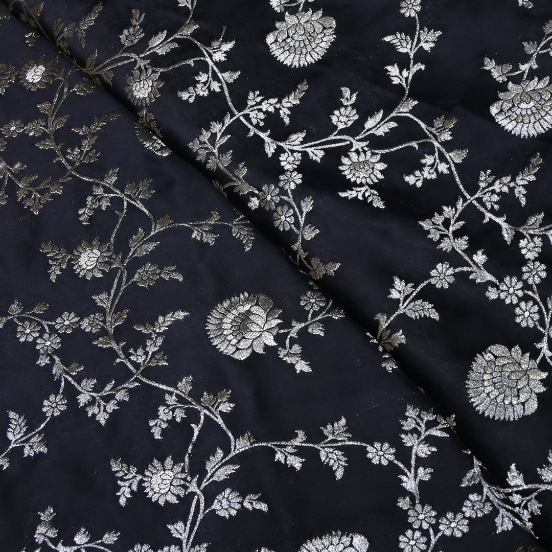 Black Satin Georgette Brocade with Zari Jacquard Jaal Fabric