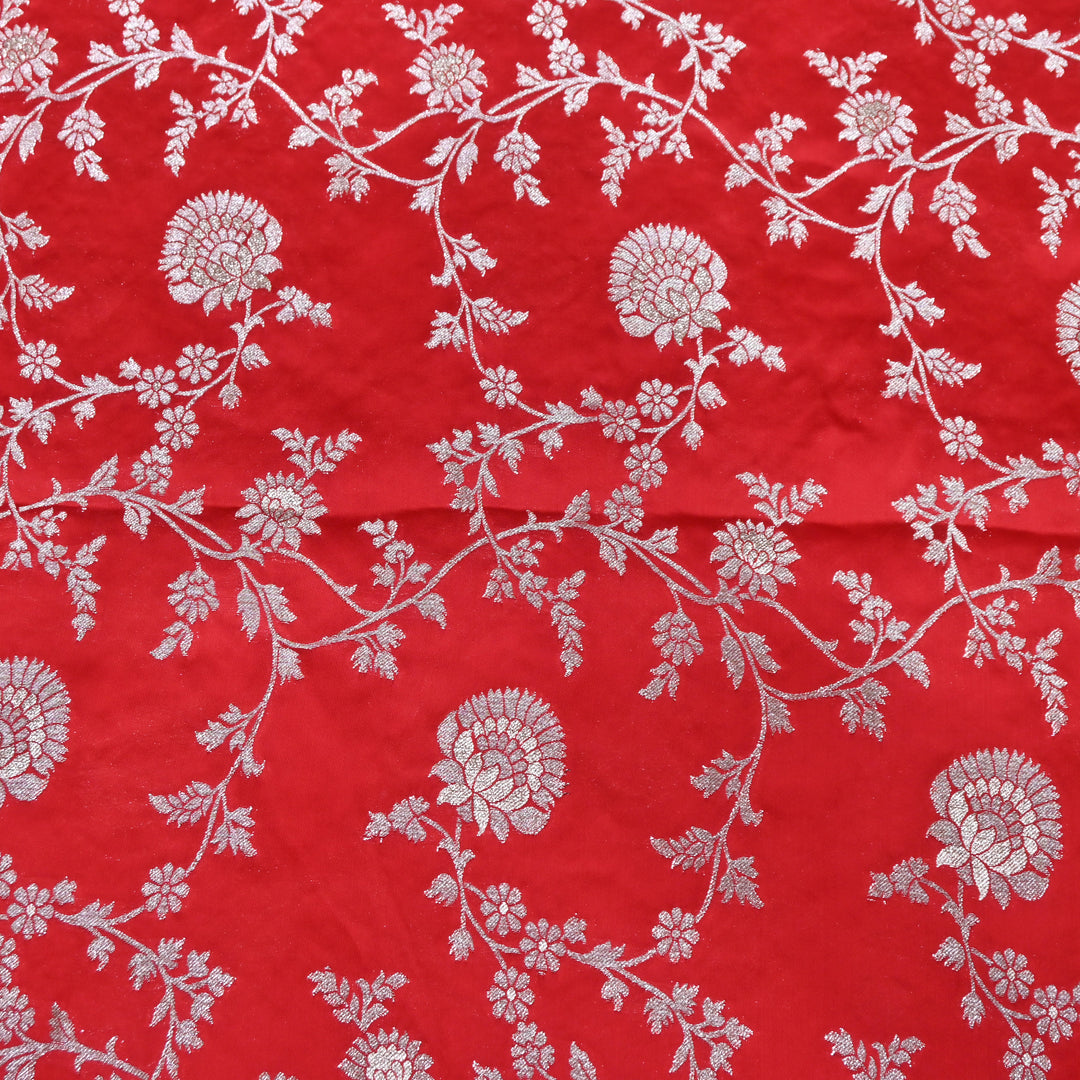 Scarlet Red Satin Georgette Brocade with Zari Jacquard Jaal Fabric