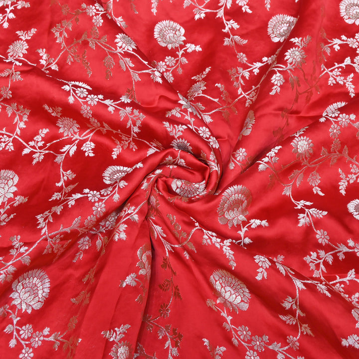 Scarlet Red Satin Georgette Brocade with Zari Jacquard Jaal Fabric