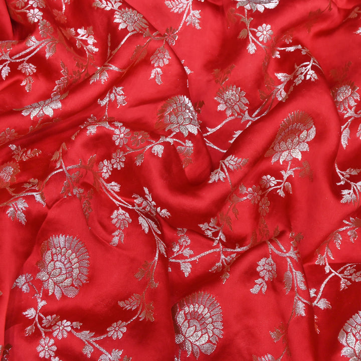 Scarlet Red Satin Georgette Brocade with Zari Jacquard Jaal Fabric