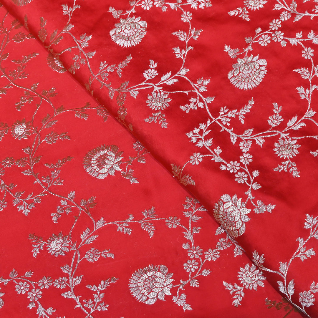Scarlet Red Satin Georgette Brocade with Zari Jacquard Jaal Fabric