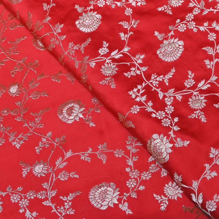 Scarlet Red Satin Georgette Brocade with Zari Jacquard Jaal Fabric
