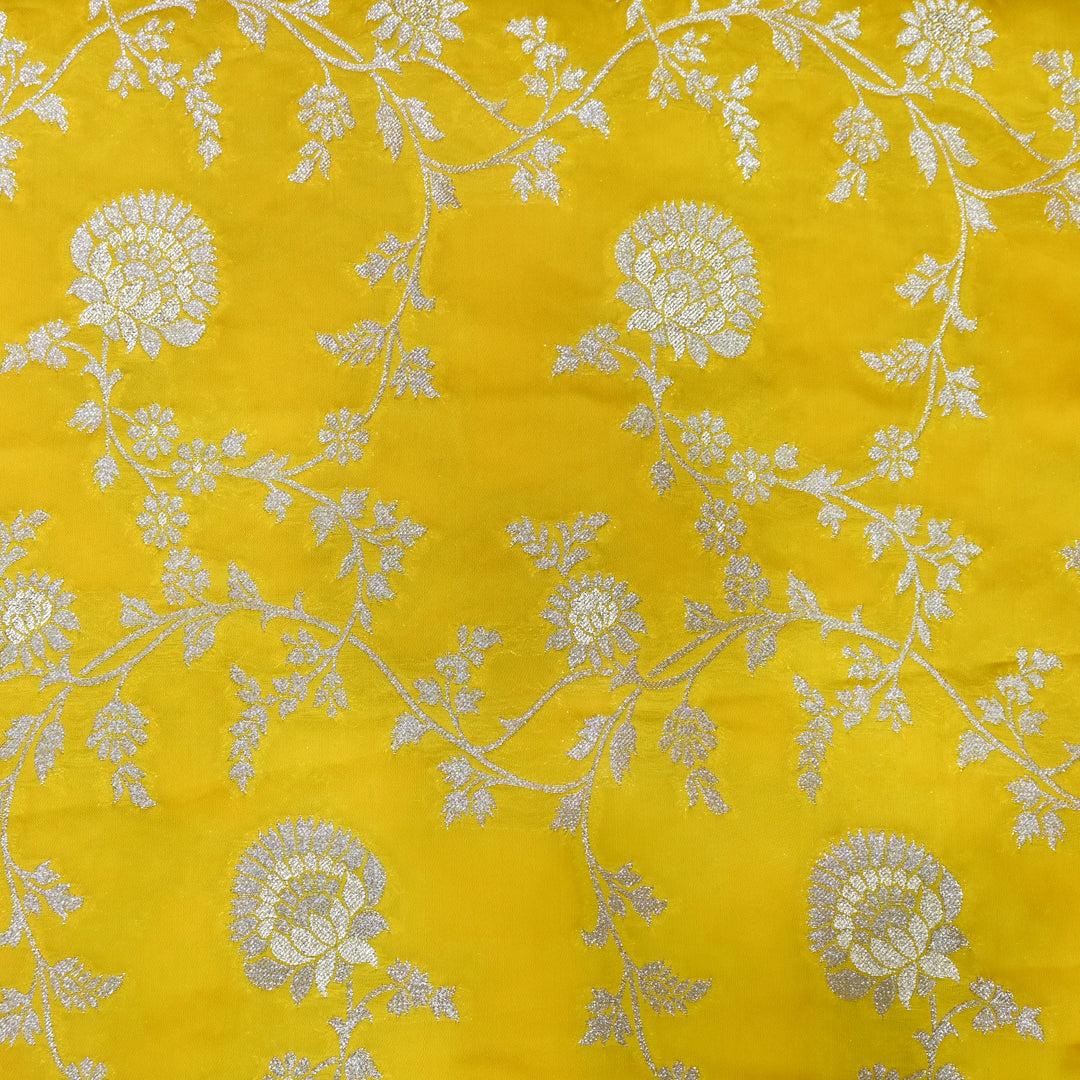 Golden Yellow Satin Georgette Brocade with Zari Jacquard Jaal Fabric