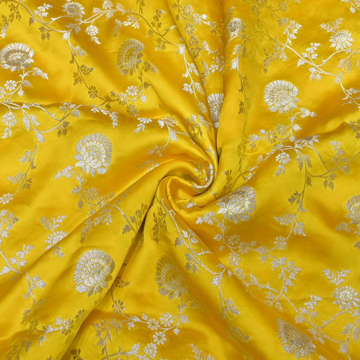 Golden Yellow Satin Georgette Brocade with Zari Jacquard Jaal Fabric