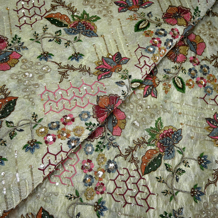 Dyeable Tissue Multi Thread with Cut Dana Sequins Embroidery Fabric