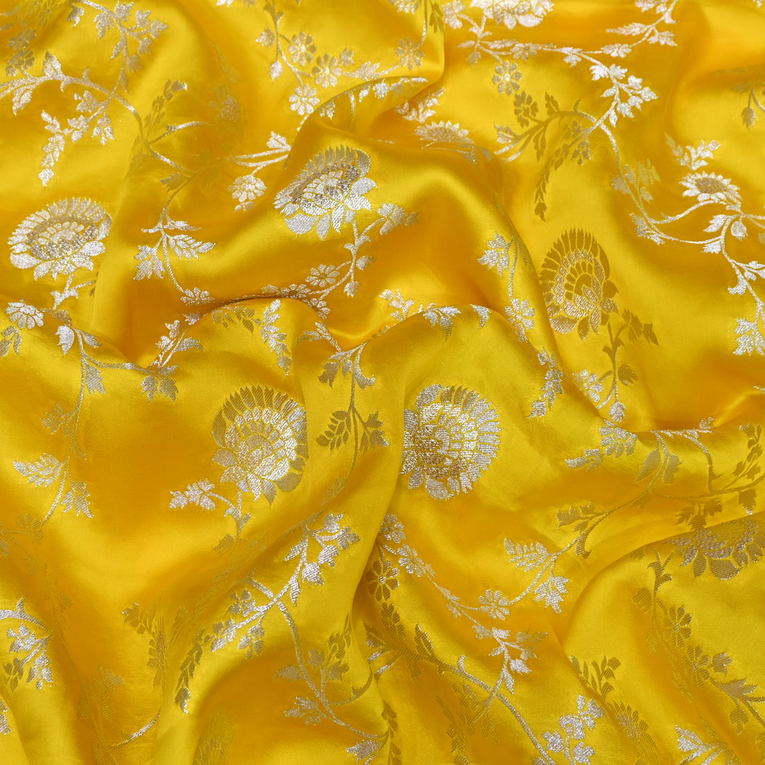 Golden Yellow Satin Georgette Brocade with Zari Jacquard Jaal Fabric