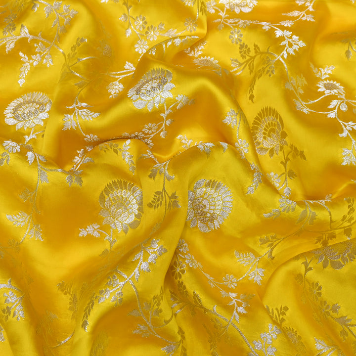 Golden Yellow Satin Georgette Brocade with Zari Jacquard Jaal Fabric