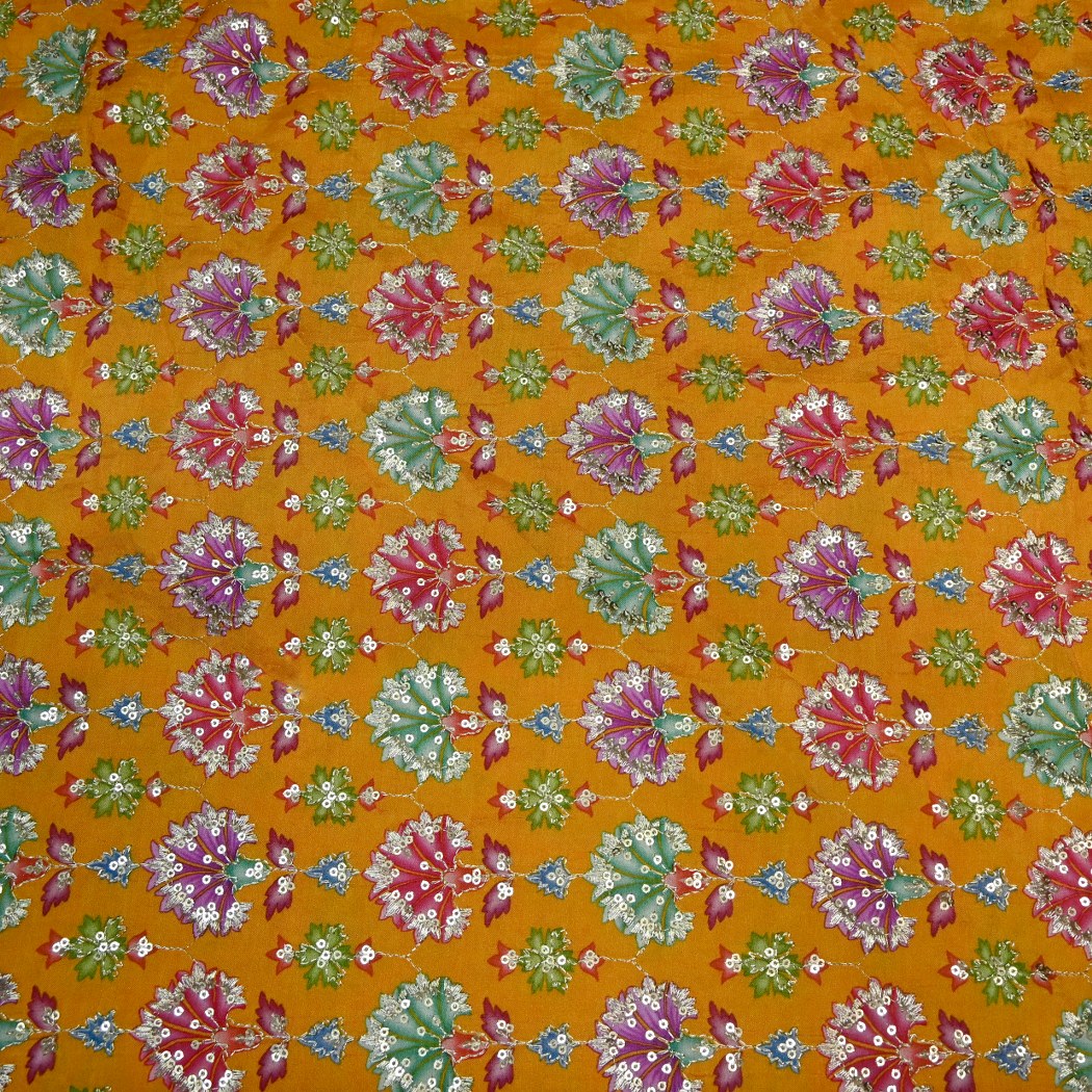 Dola Silk Position Primt With Zari Sequins Embroidery Fabrics