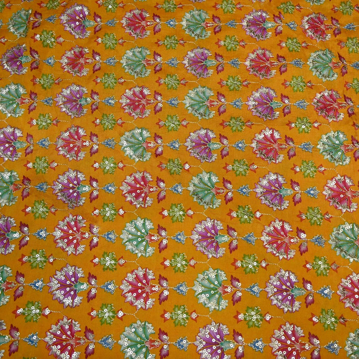 Dola Silk Position Primt With Zari Sequins Embroidery Fabrics