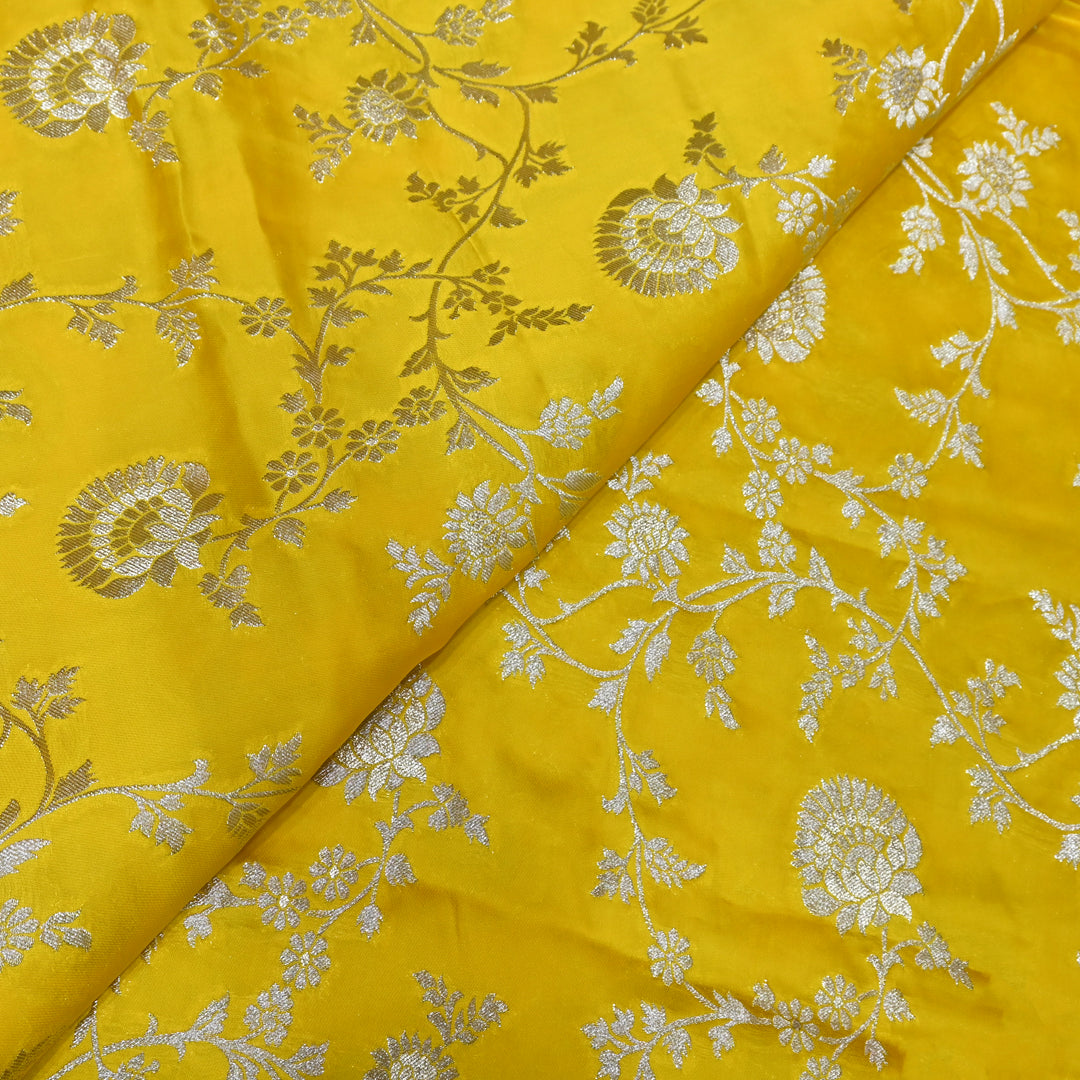 Golden Yellow Satin Georgette Brocade with Zari Jacquard Jaal Fabric