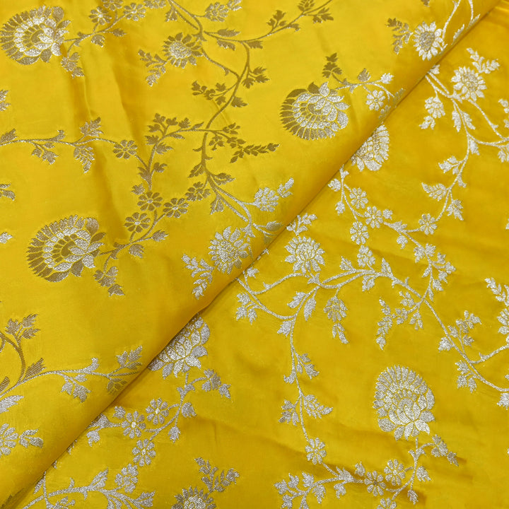 Golden Yellow Satin Georgette Brocade with Zari Jacquard Jaal Fabric
