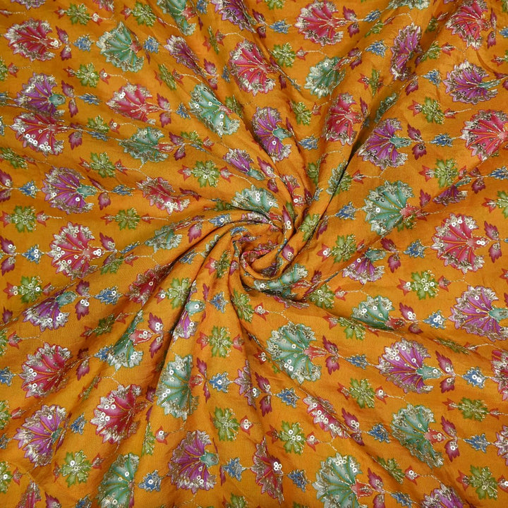 Dola Silk Position Primt With Zari Sequins Embroidery Fabrics