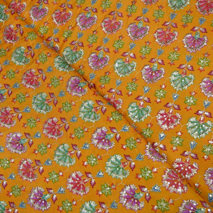 Dola Silk Position Primt With Zari Sequins Embroidery Fabrics
