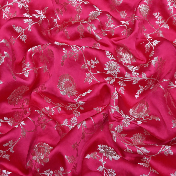 Rose Pink Satin Georgette Brocade with Zari Jacquard Jaal Fabric