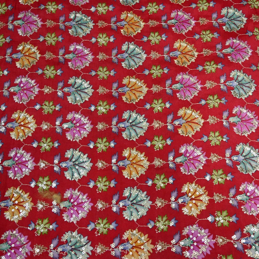 Dola Silk Position Primt With Zari Sequins Embroidery Fabrics