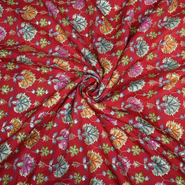 Dola Silk Position Primt With Zari Sequins Embroidery Fabrics