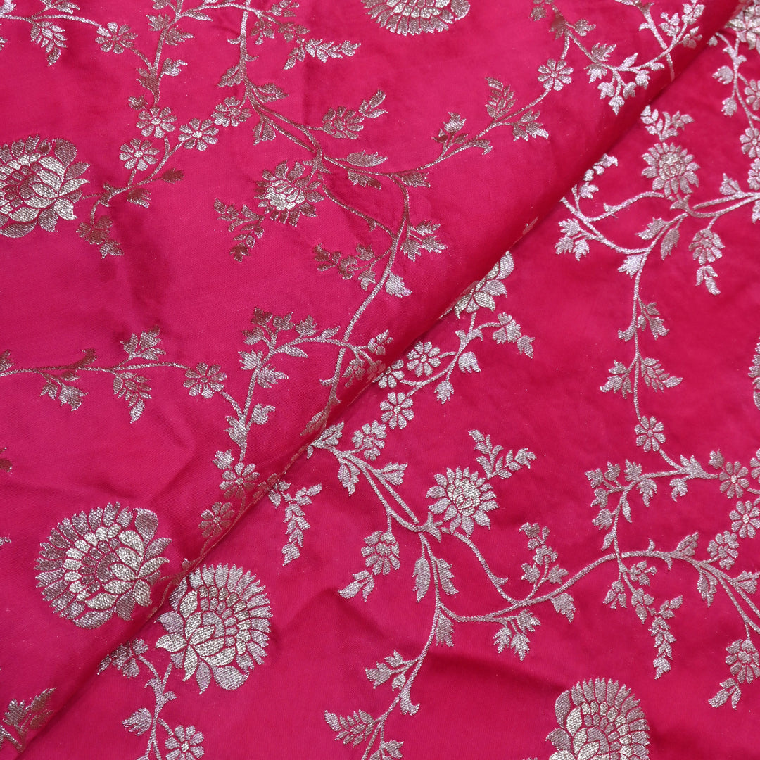 Rose Pink Satin Georgette Brocade with Zari Jacquard Jaal Fabric