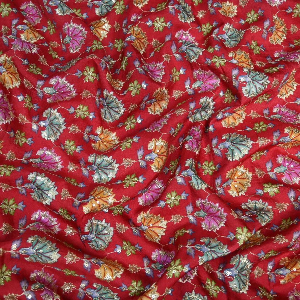 Dola Silk Position Primt With Zari Sequins Embroidery Fabrics