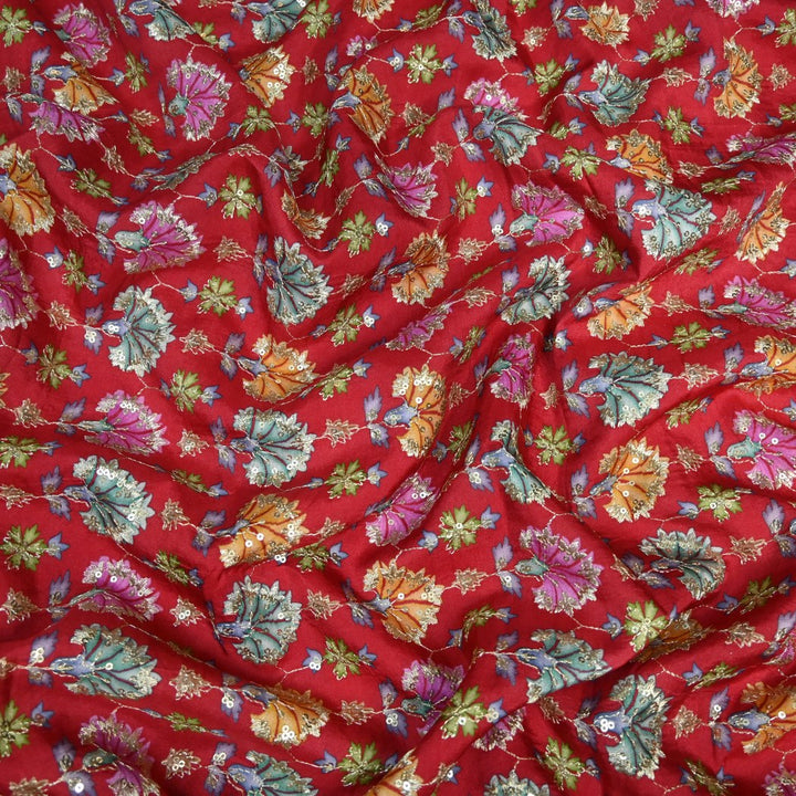 Dola Silk Position Primt With Zari Sequins Embroidery Fabrics