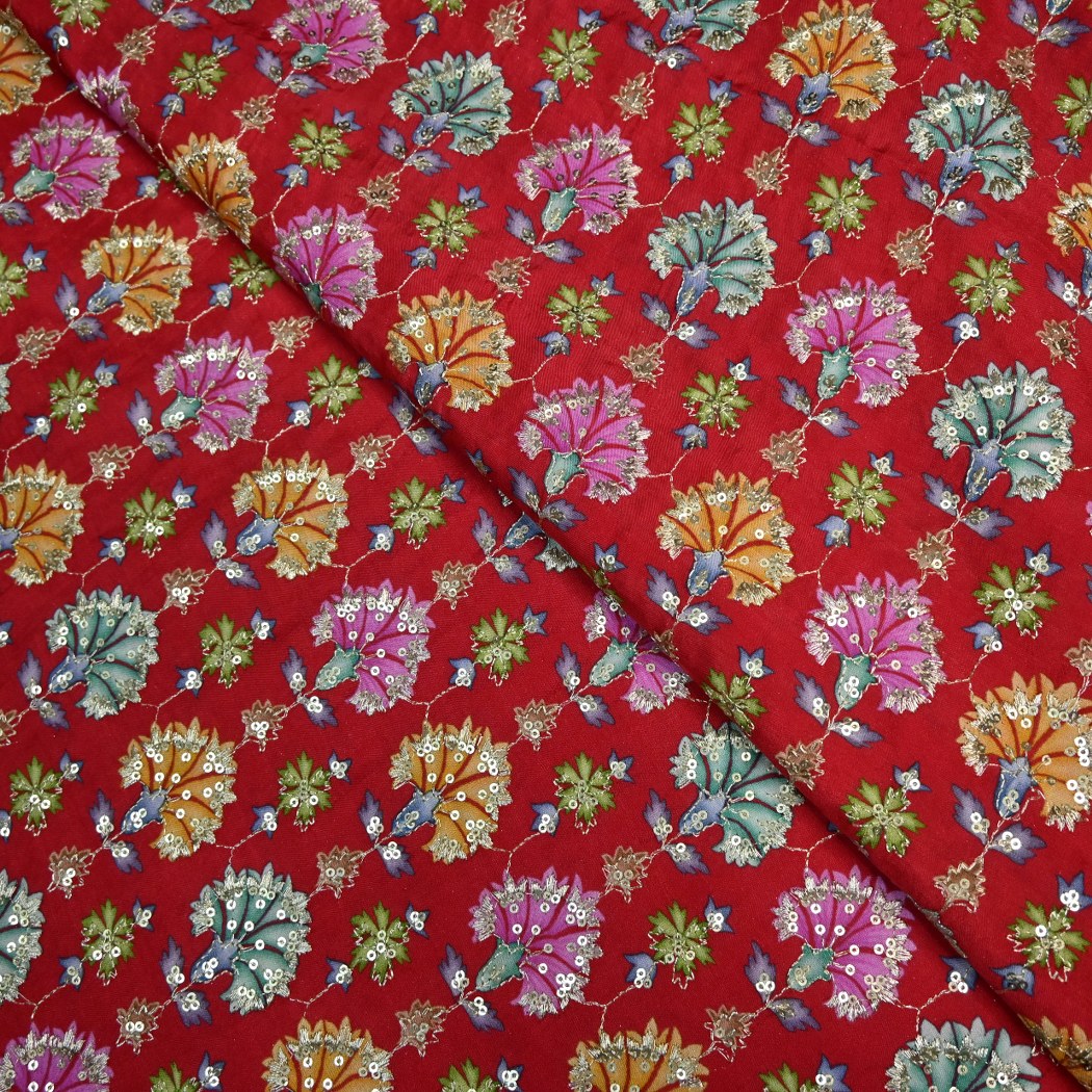 Dola Silk Position Primt With Zari Sequins Embroidery Fabrics