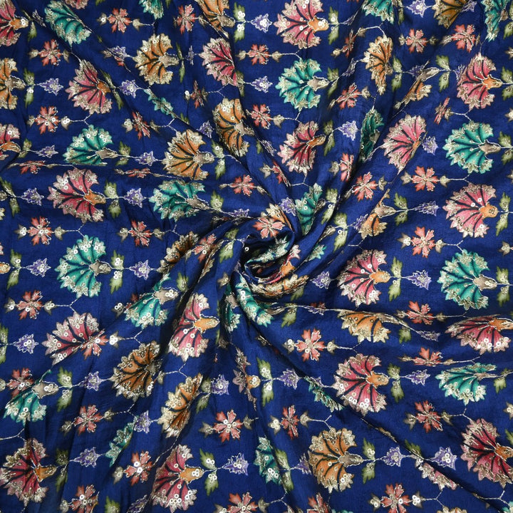 Dola Silk Position Primt With Zari Sequins Embroidery Fabrics