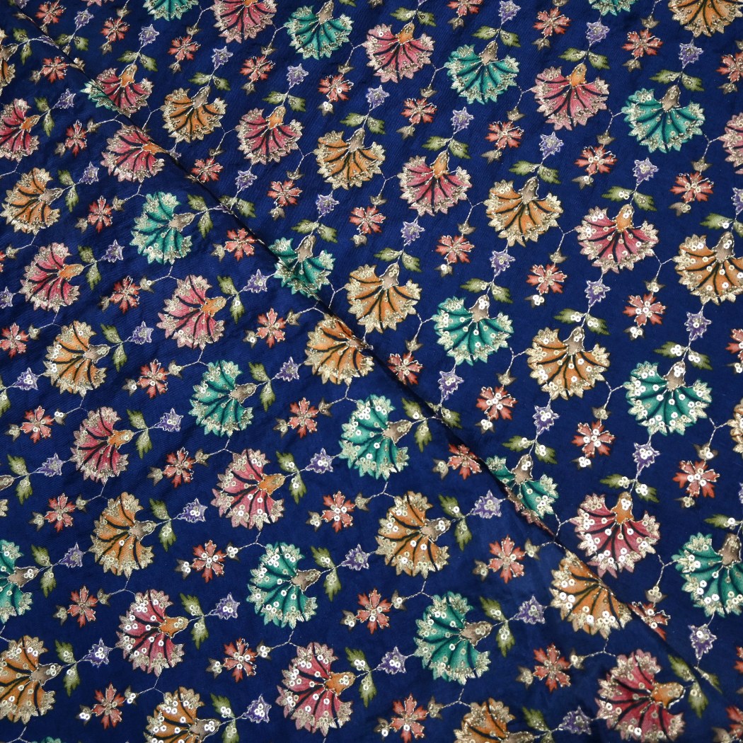 Dola Silk Position Primt With Zari Sequins Embroidery Fabrics