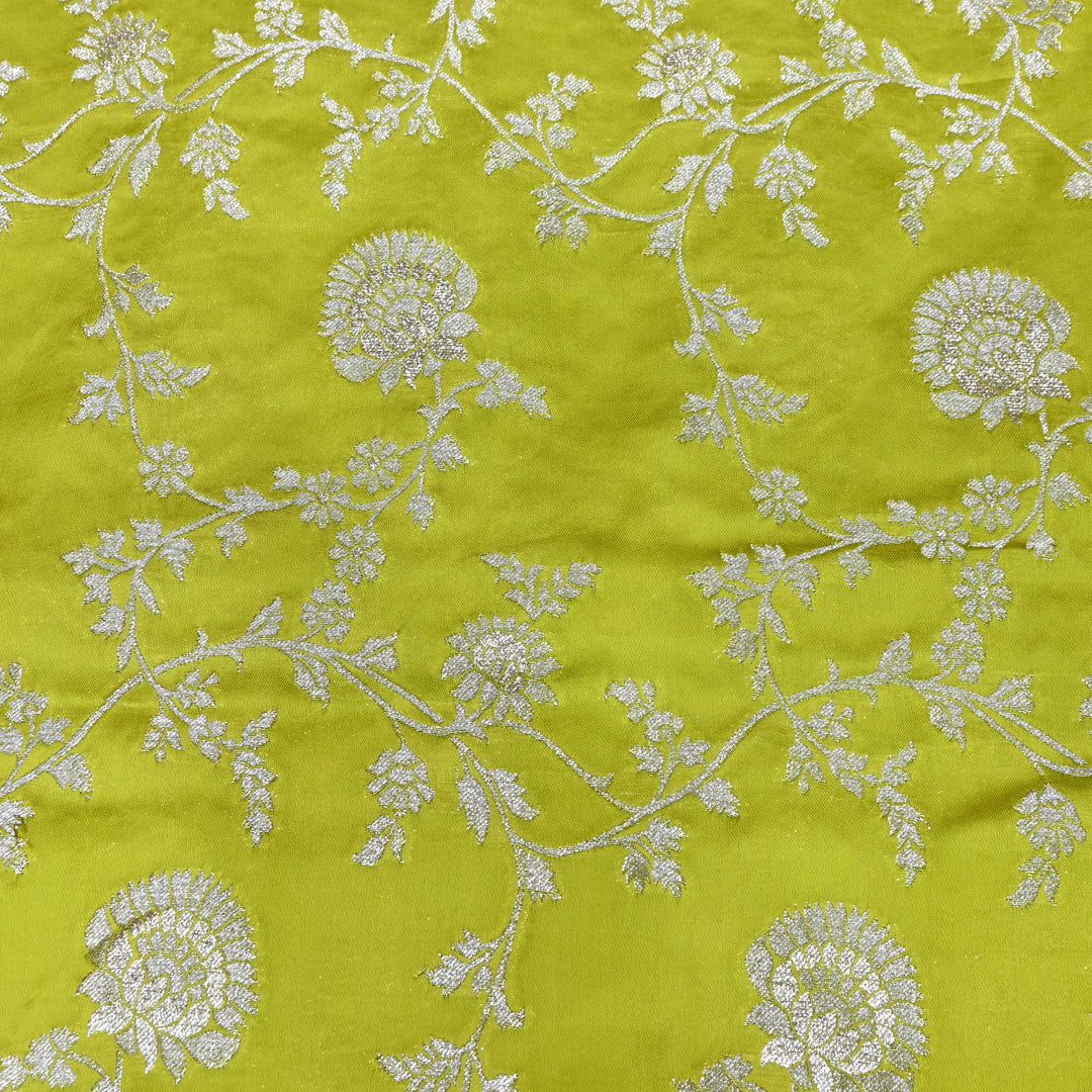 Olive Green Satin Georgette Brocade with Zari Jacquard Jaal Fabric