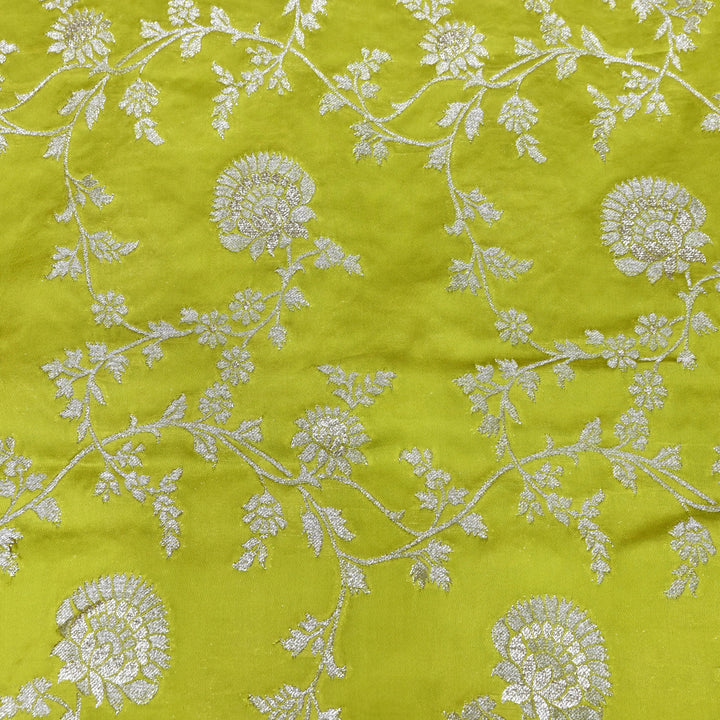 Olive Green Satin Georgette Brocade with Zari Jacquard Jaal Fabric