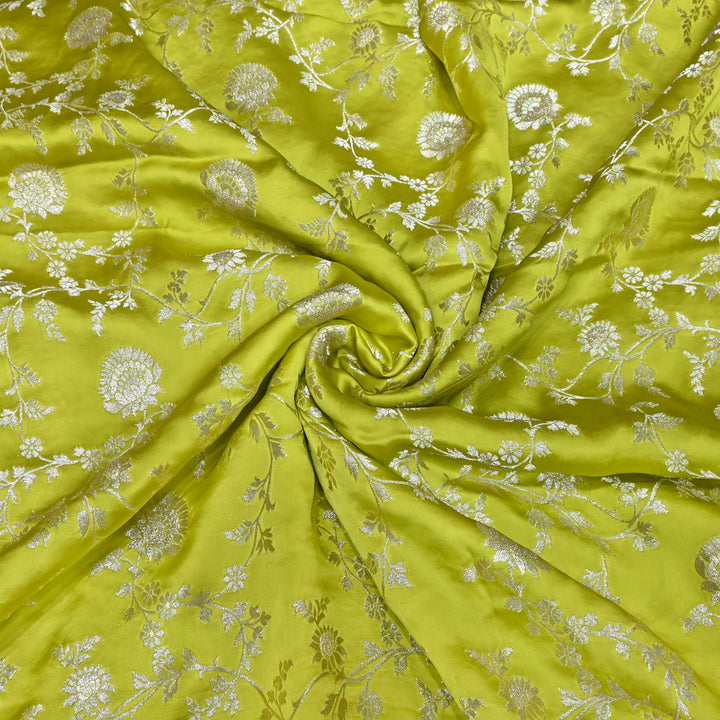 Olive Green Satin Georgette Brocade with Zari Jacquard Jaal Fabric