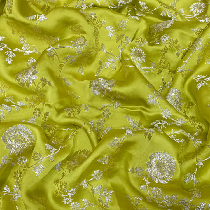 Olive Green Satin Georgette Brocade with Zari Jacquard Jaal Fabric