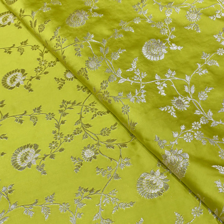 Olive Green Satin Georgette Brocade with Zari Jacquard Jaal Fabric