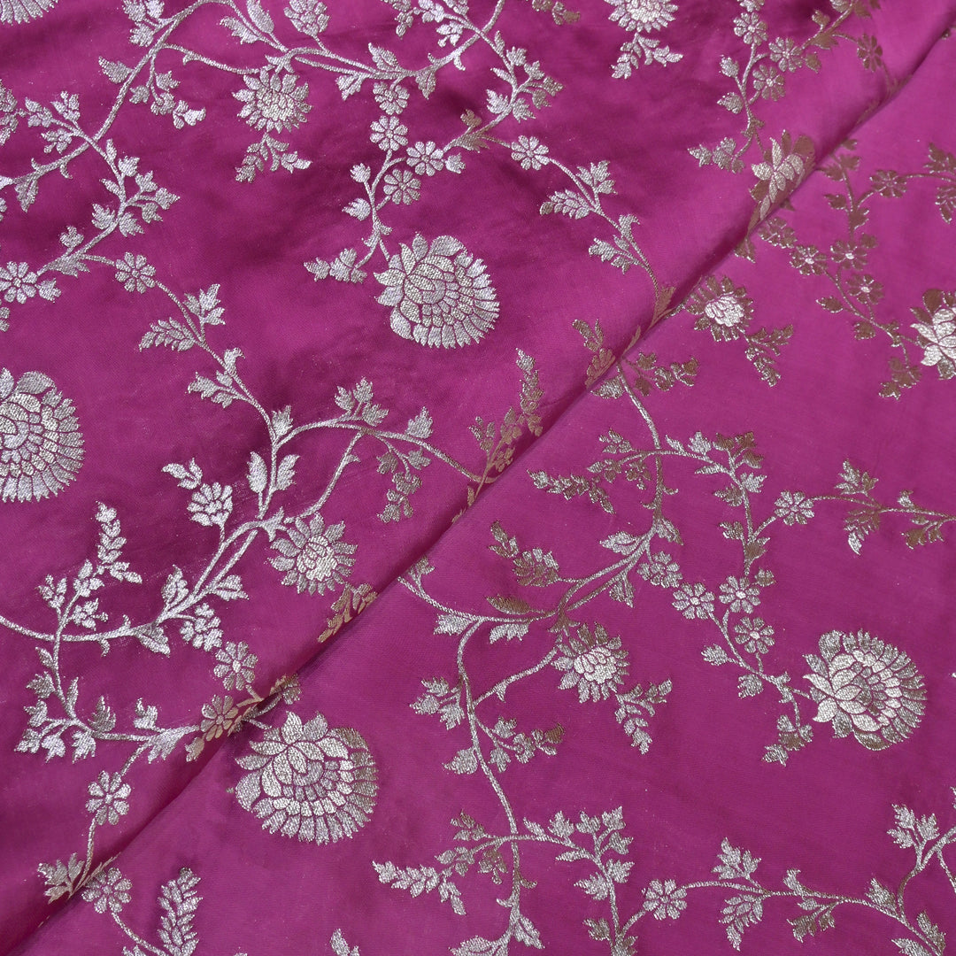 Rani Pink Satin Georgette Brocade with Zari Jacquard Jaal Fabric