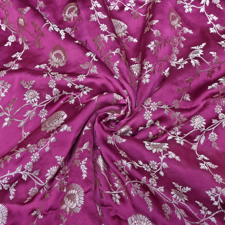 Rani Pink Satin Georgette Brocade with Zari Jacquard Jaal Fabric