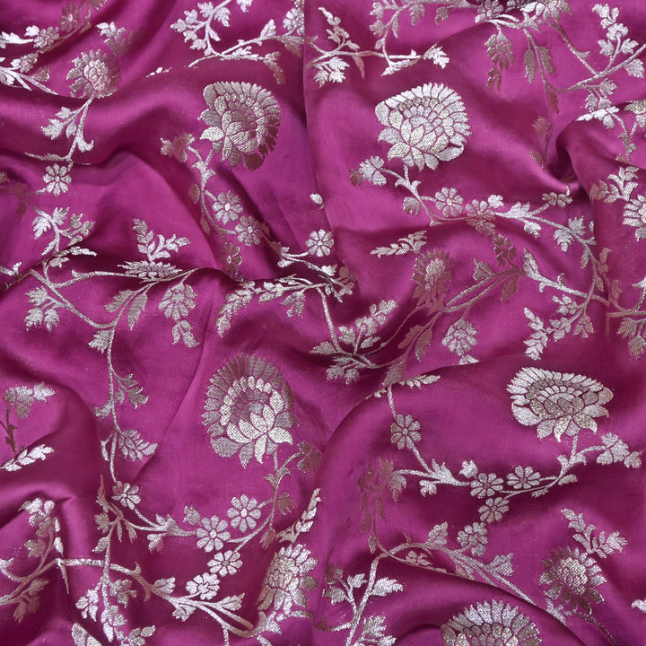 Rani Pink Satin Georgette Brocade with Zari Jacquard Jaal Fabric