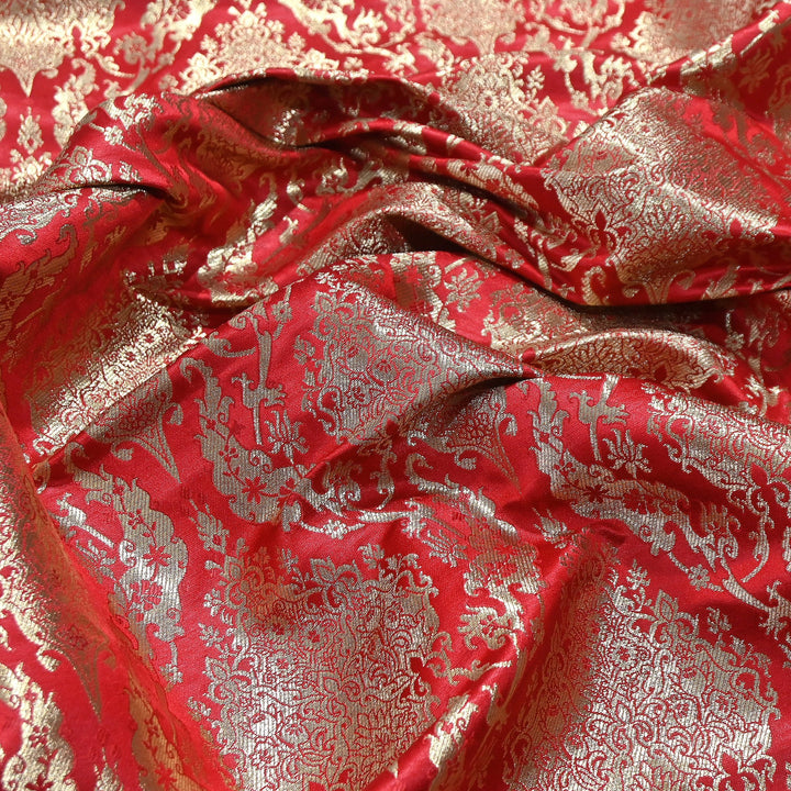 Satin Kimkhab Brocade Fabric | Heavy Luxury Zari Woven Designer Fabric | RS8899-3