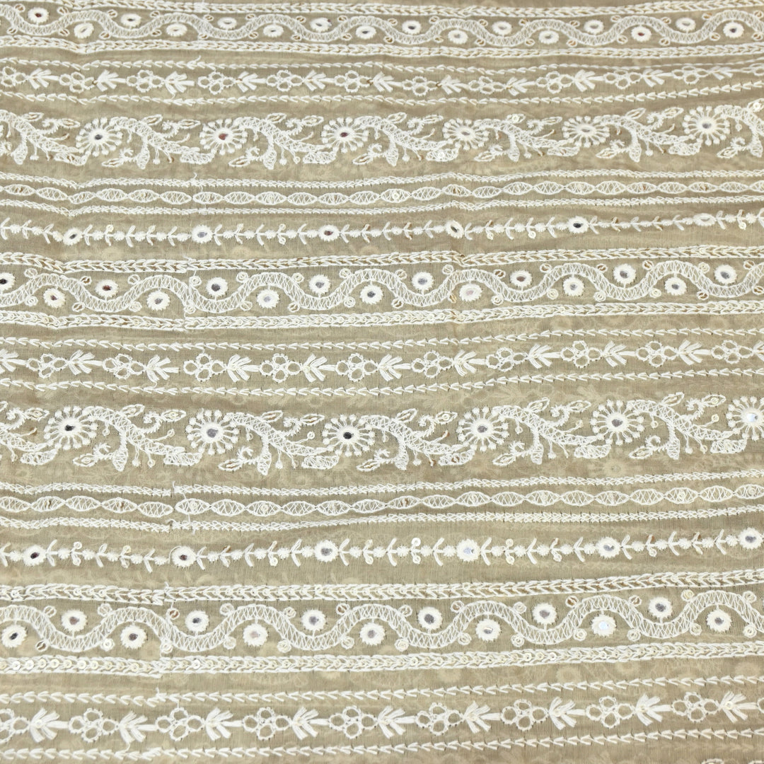 Beige Color Mul Chanderi Thread Mirror & Sequins Embroidery Fabric