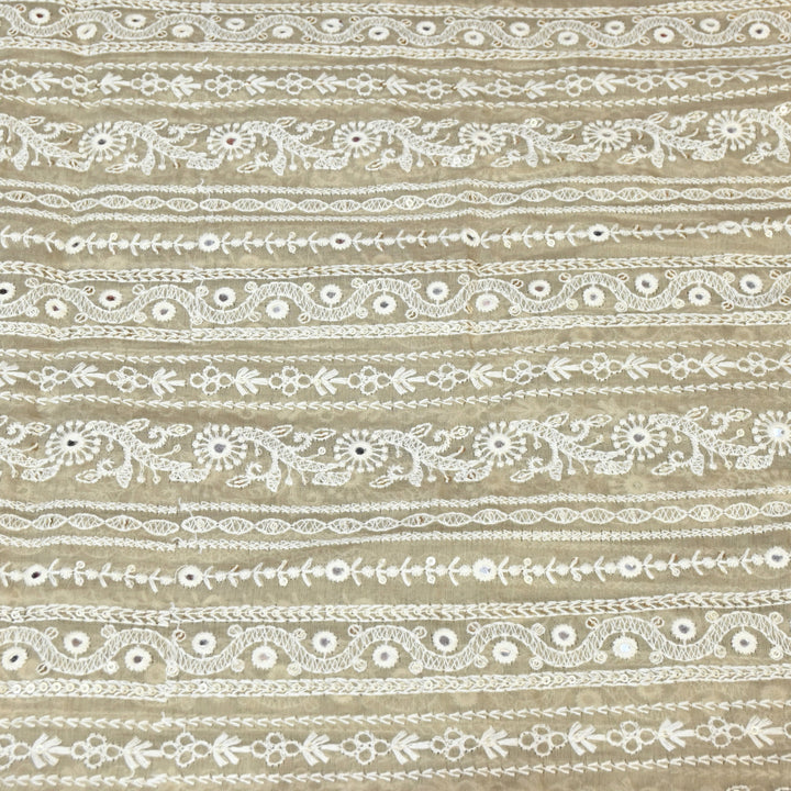 Beige Color Mul Chanderi Thread Mirror & Sequins Embroidery Fabric