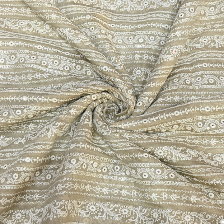 Beige Color Mul Chanderi Thread Mirror & Sequins Embroidery Fabric