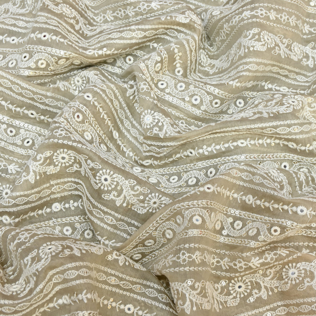 Beige Color Mul Chanderi Thread Mirror & Sequins Embroidery Fabric