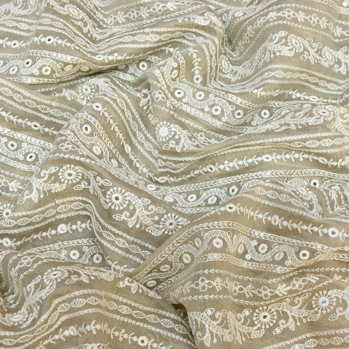 Beige Color Mul Chanderi Thread Mirror & Sequins Embroidery Fabric